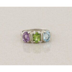 Sterling Silver Natural Amethyst, Peridot, Blue Topaz Ring Band Size 8